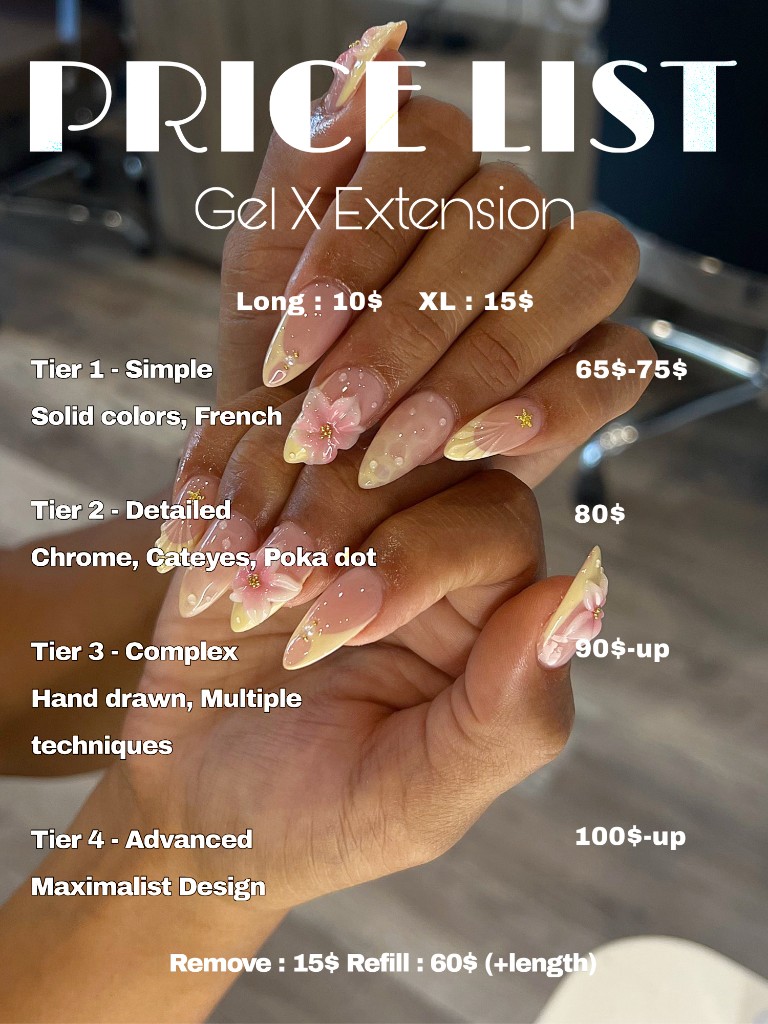 Gel X extension price list at Polysh Nailcare Studio Littleton